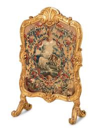 A Louis XV Style Damask and Needlepoint-Upholstered Giltwood Firescreen