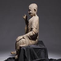 A Large Chinese Carved Wood Seated Figure of Luohan, Ming Dynasty 明 木雕大羅漢像