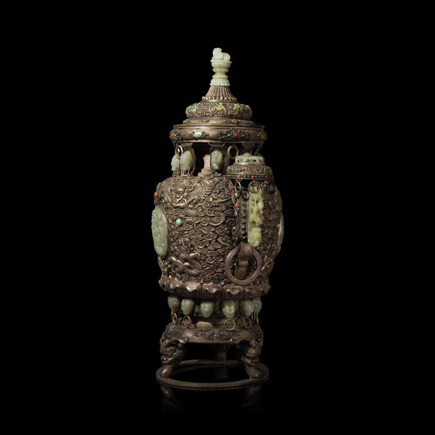 A Mongolian Jade Inset Silver Incense Burner 蒙古式銀 嵌玉 香爐