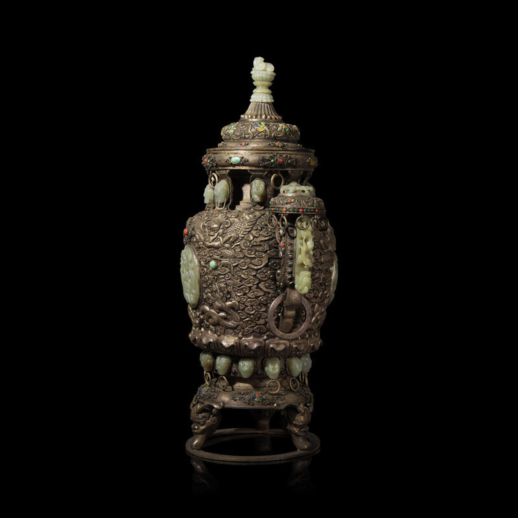 A Mongolian Jade Inset Silver Incense Burner 蒙古式銀 嵌玉 香爐