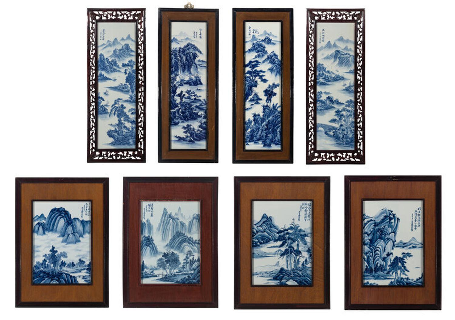 Eight Chinese Blue and White Porcelain Plaque Inset Hanging Panels 青花山水圖掛屏四扇