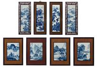 Eight Chinese Blue and White Porcelain Plaque Inset Hanging Panels 青花山水圖掛屏四扇