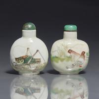 Two Chinese Enameled Porcelain Snuff Bottles, Daoguang Marks and of the Period 清道光 粉彩花鳥草蟲鼻烟壺兩支