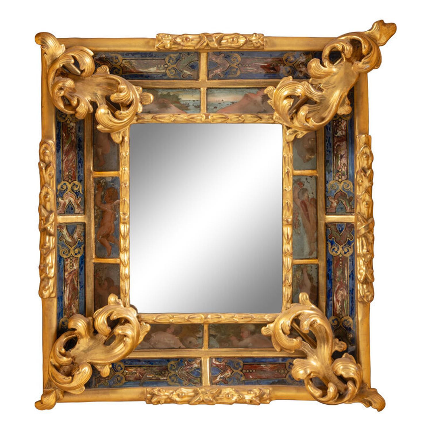 A Flemish Ebonized, Parcel Gilt and Reverse Painted Mirror