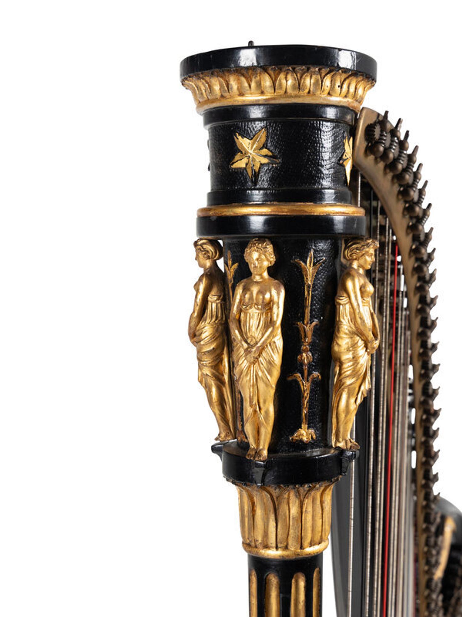 A Napoleon III Black Lacquer and Parcel Gilt Harp