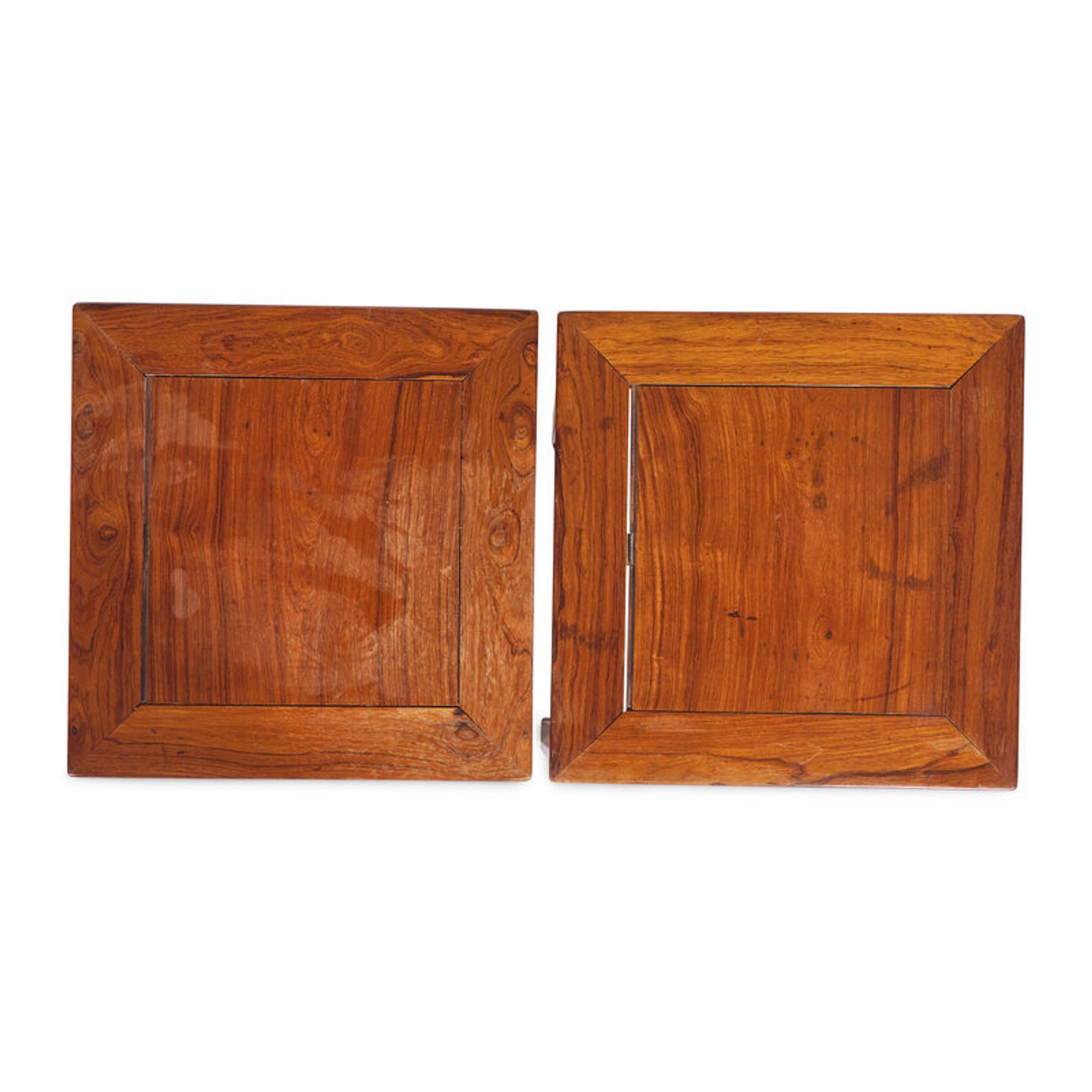 A Pair of Chinese Huanghuali Square Stools, Fangdeng, Qing Dynasty 清 黃花梨有束腰透雕拐子龙纹方凳一對