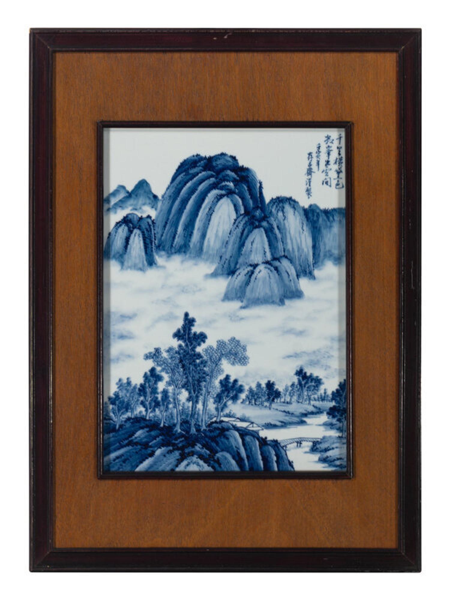 Eight Chinese Blue and White Porcelain Plaque Inset Hanging Panels 青花山水圖掛屏四扇