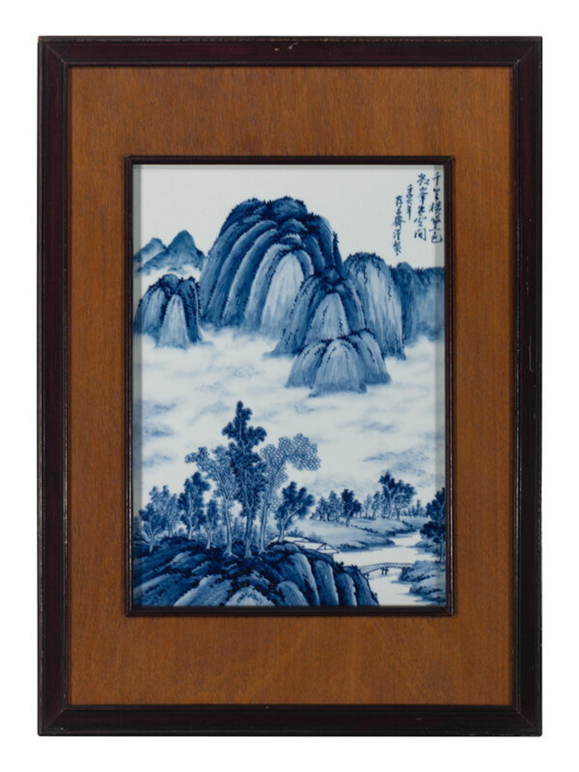 Eight Chinese Blue and White Porcelain Plaque Inset Hanging Panels 青花山水圖掛屏四扇