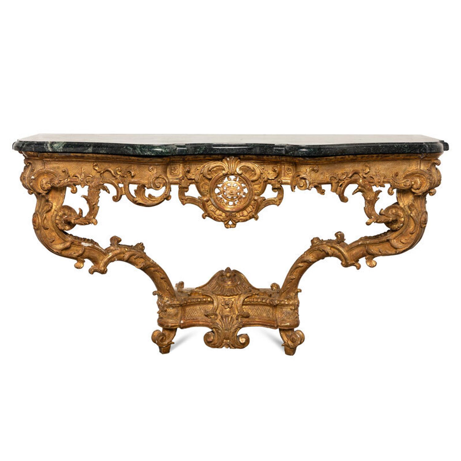 A Régence Carved Giltwood and Marble-Top Serpentine Console Table