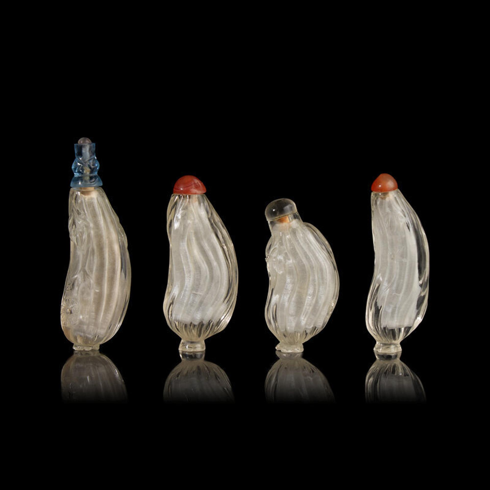 Four Chinese Rock Crystal 'Melon' Snuff Bottles, 19th-20th Century 晚清-民國 水晶雕瓜形鼻煙壺四支