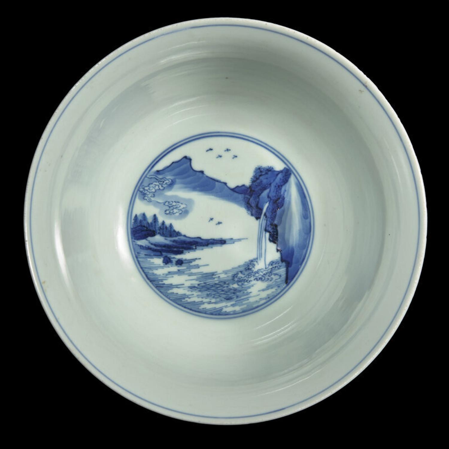 A Chinese Blue and White Porcelain 'Landscape' Bowl, Kangxi Period 清康熙 大明成化年制款青花山水詩文碗
