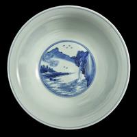 A Chinese Blue and White Porcelain 'Landscape' Bowl, Kangxi Period 清康熙 大明成化年制款青花山水詩文碗