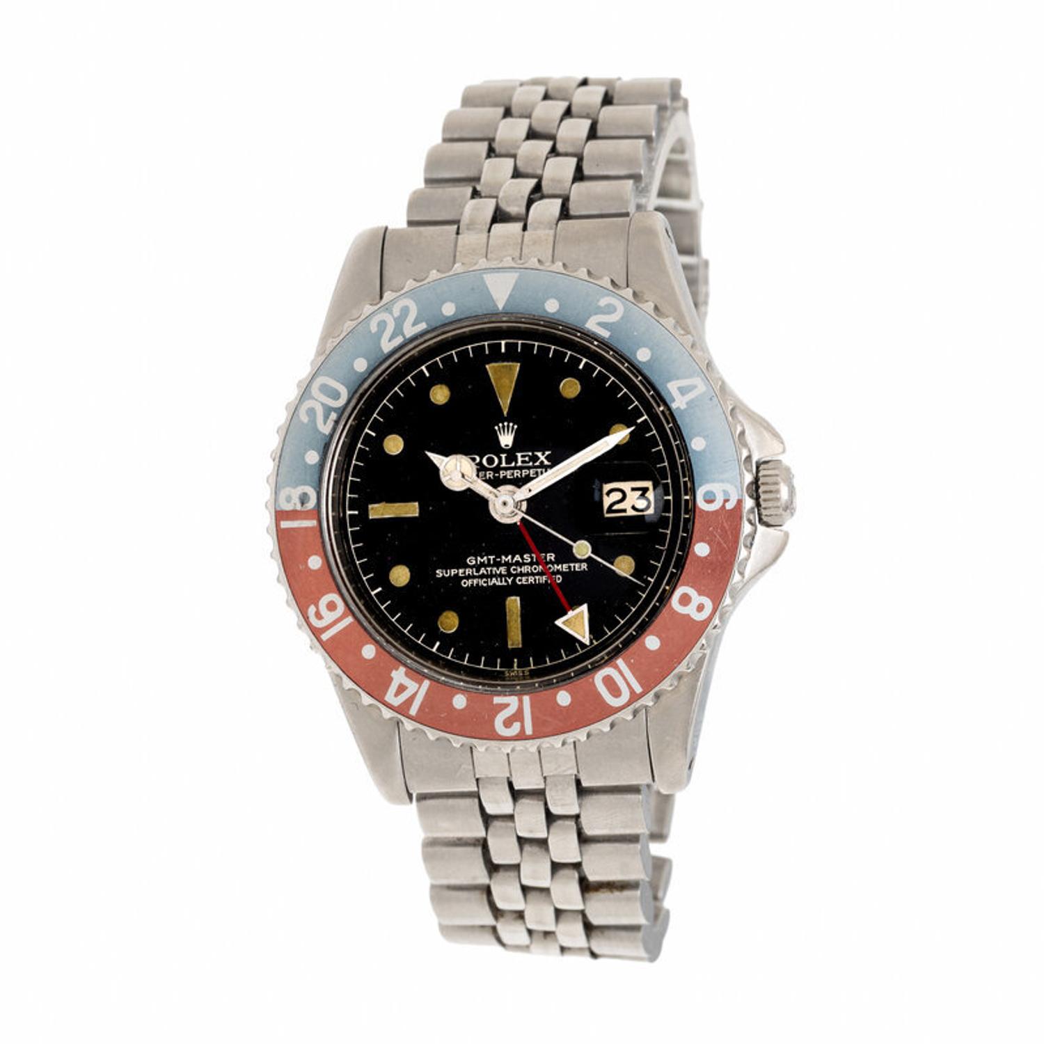 Rolex, Ref. 1675, Stainless Steel 'Pepsi' 'Eagle Beak' 'GMT Master' Watch with 'Gilt' Dial