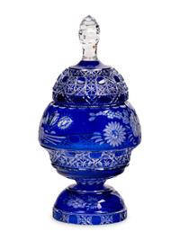 A Cobalt Cut-to-Clear Glass Jar and Cover