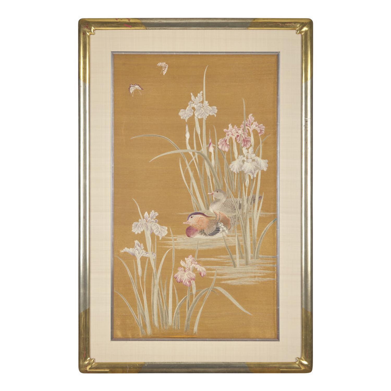 A Set of Four Finely Worked Japanese 'Birds and Flowers' Needlework Panels, Meiji Period 日本明治時期 織綉花鳥圖四幅