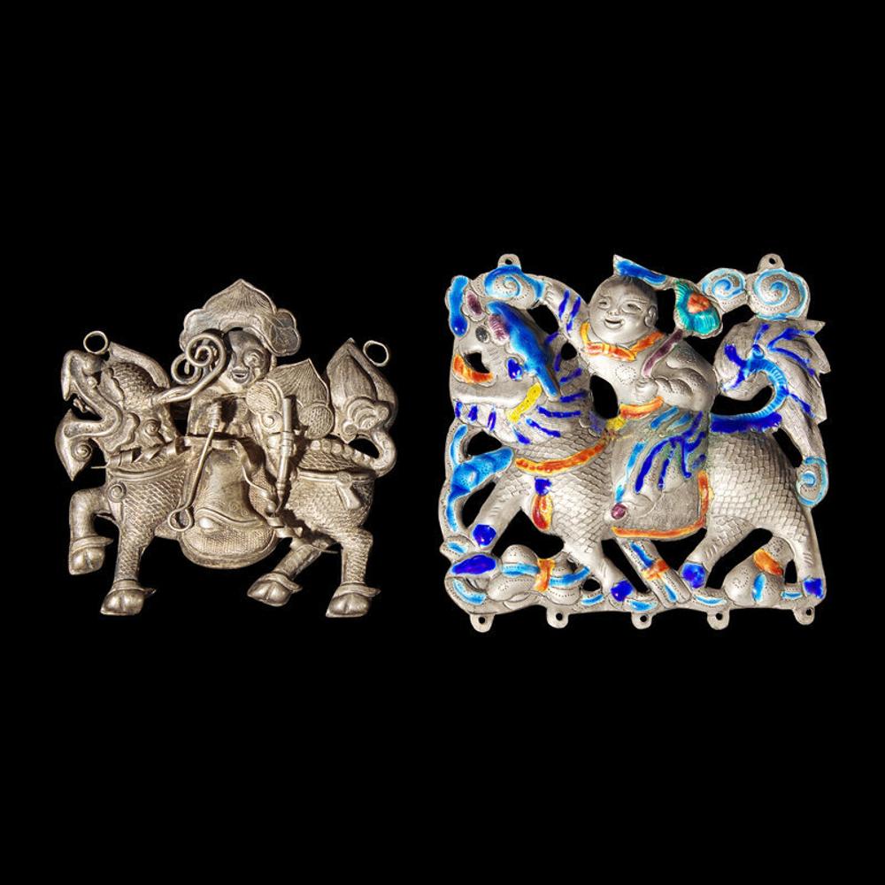 Eight Chinese Silver 'Boy and Qilin' Pendants, Late Qing Dynasty-Republic Period 晚清-民國 銀鍍金、銀燒藍及銀製麒麟送子長命鎖一組八件