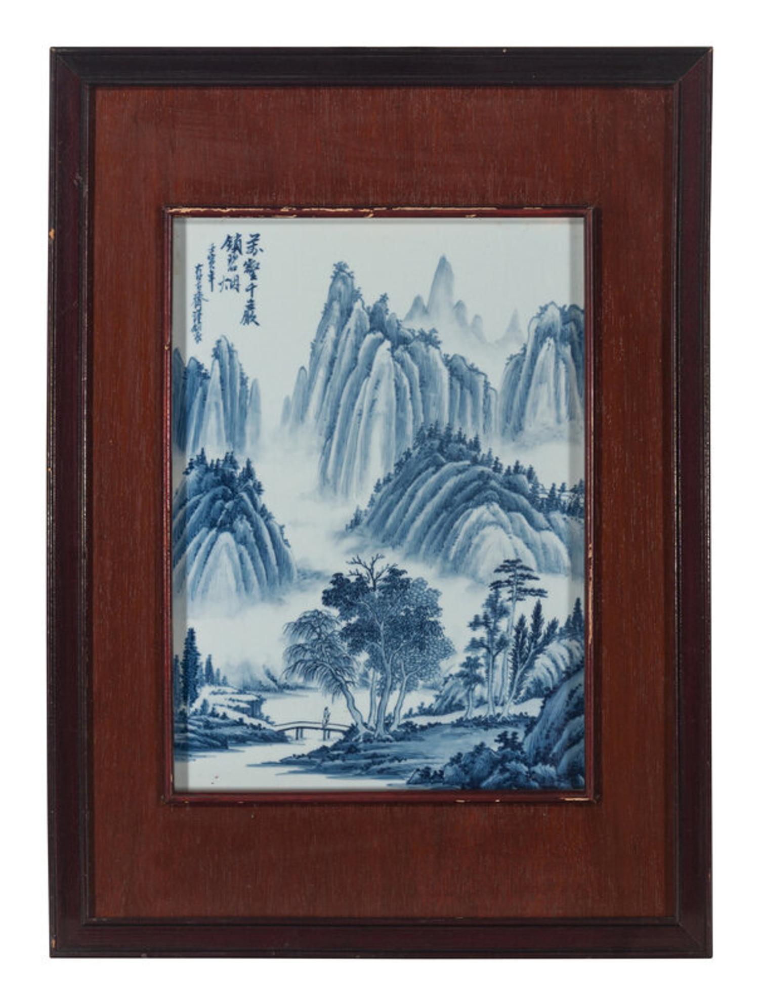 Eight Chinese Blue and White Porcelain Plaque Inset Hanging Panels 青花山水圖掛屏四扇