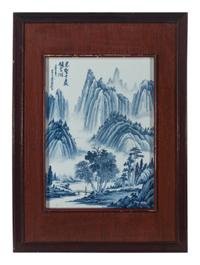 Eight Chinese Blue and White Porcelain Plaque Inset Hanging Panels 青花山水圖掛屏四扇