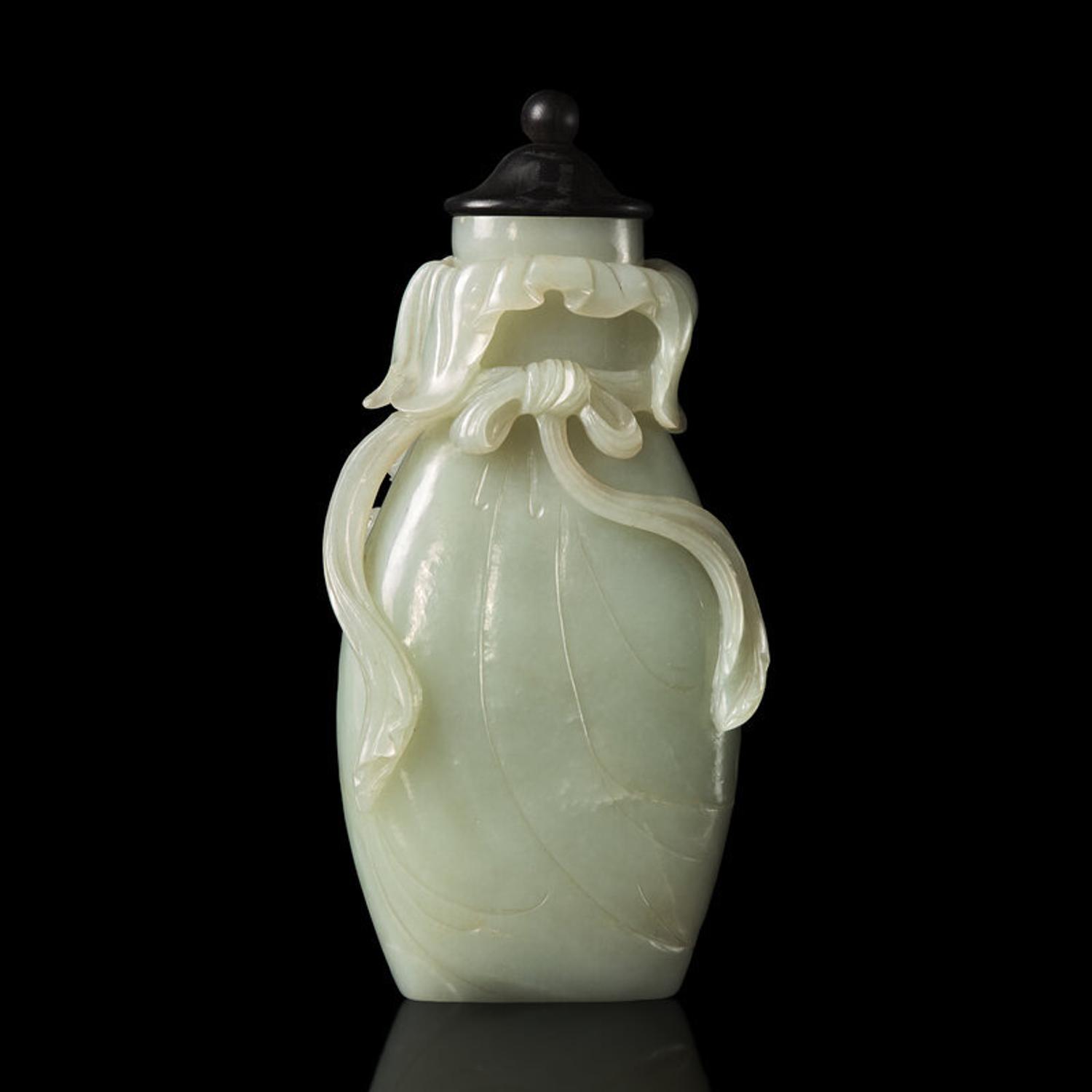 A Chinese Celadon Jade Bag-Form Vase with Later Cover, Qing Dynasty 清 青白玉包袱瓶