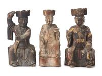 Three Carved Wood Figures of Immortals, Possibly Vietnamese 越南木雕坐像三件