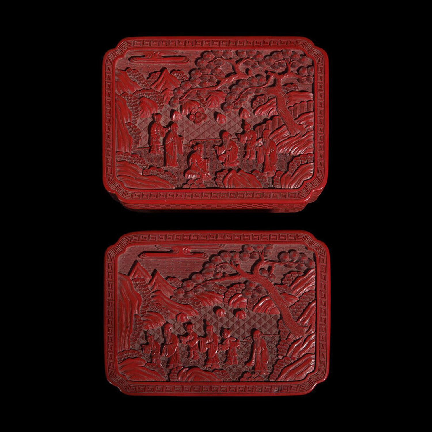 A Pair of Chinese Cinnabar Lacquer Boxes, Late 19th to 20th Century 晚清-民國 剔紅高士圖倭角方盒一對