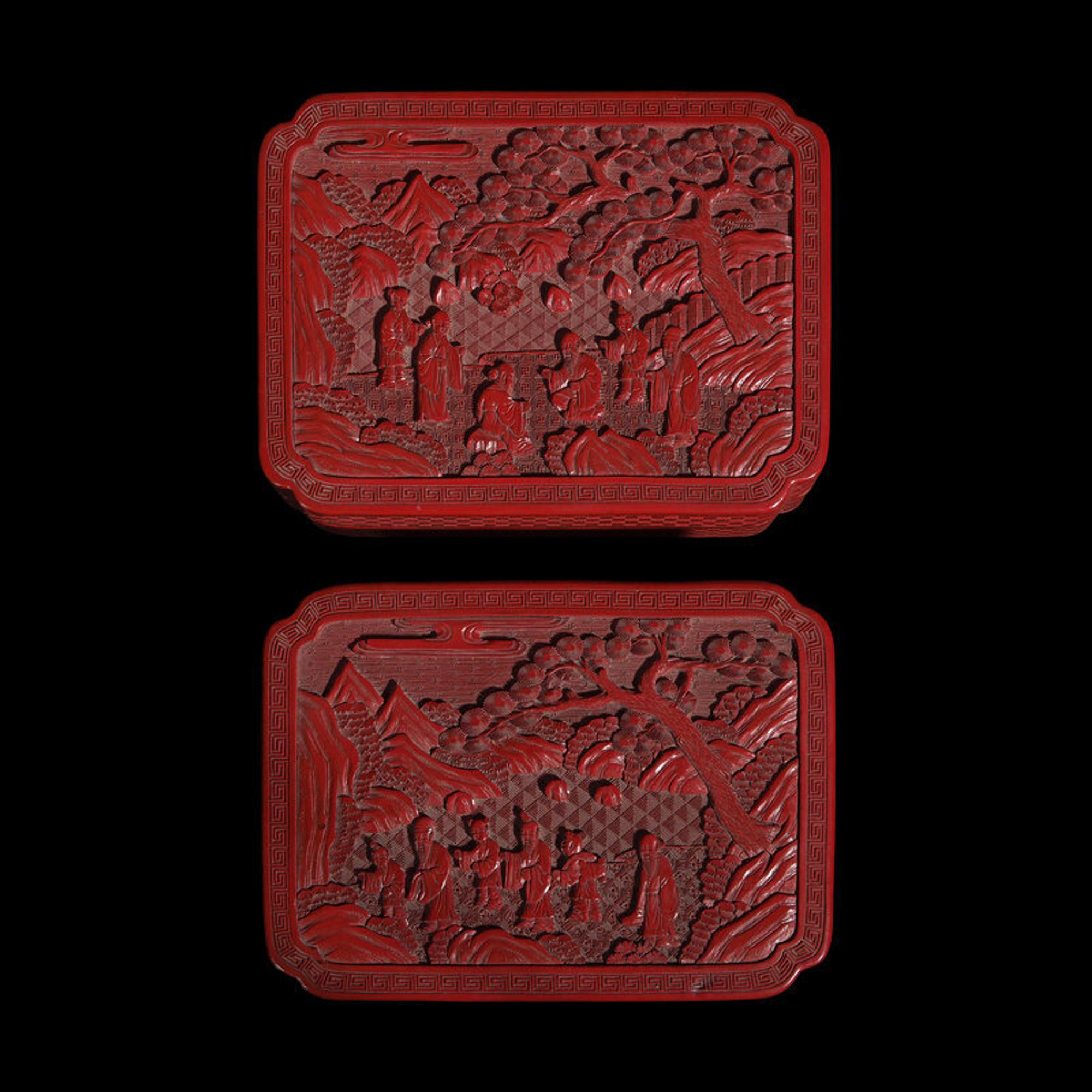 A Pair of Chinese Cinnabar Lacquer Boxes, Late 19th to 20th Century 晚清-民國 剔紅高士圖倭角方盒一對