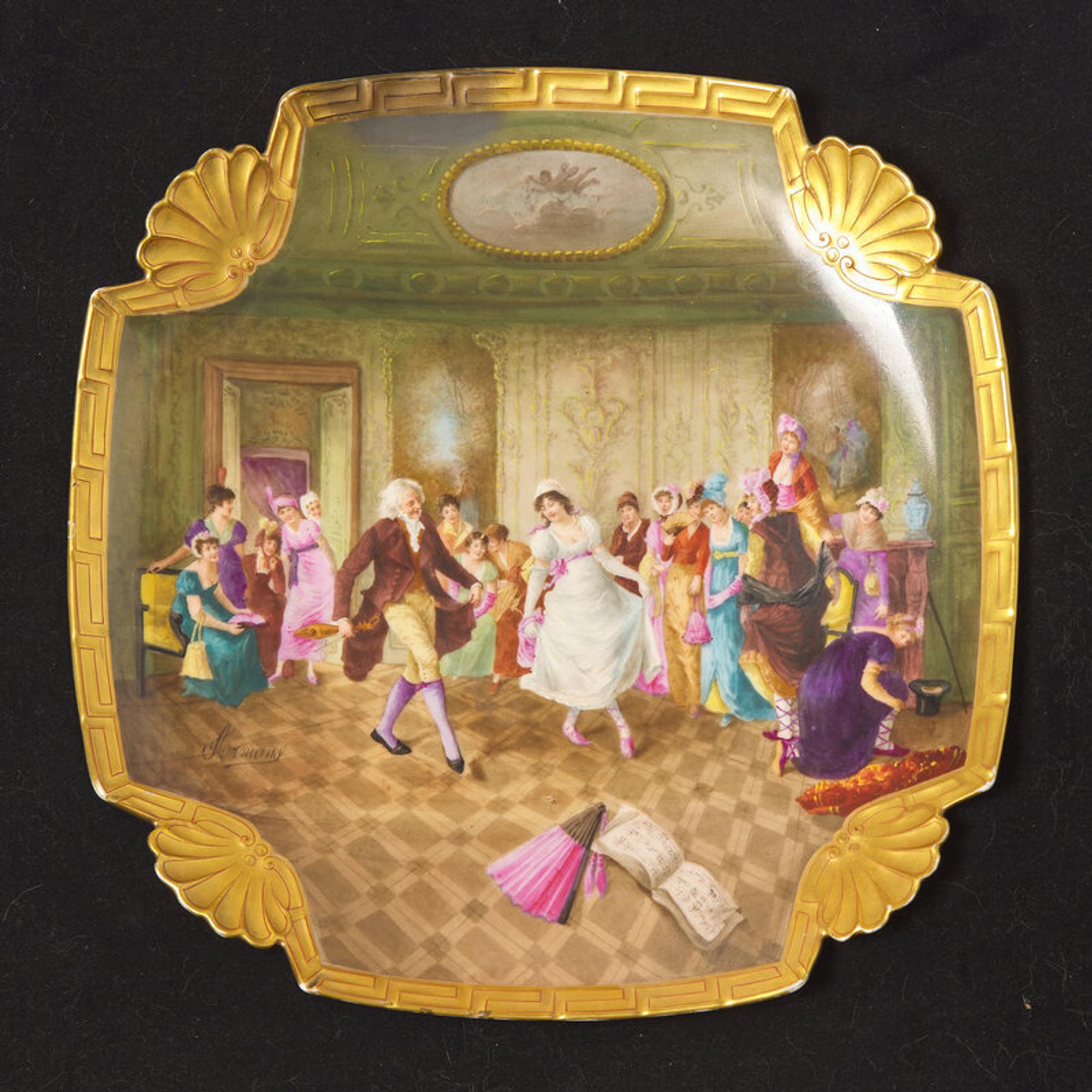 A Continental Parcel Gilt and Painted Porcelain Shell-Decorated Dish