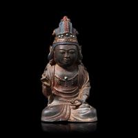 A Korean Polychrome Painted and Turquoise Inset Bronze Figure of a Bodhisattva, Joseon Period, Early 17th Century 十七世紀朝鮮王朝 銅嵌寳坐佛