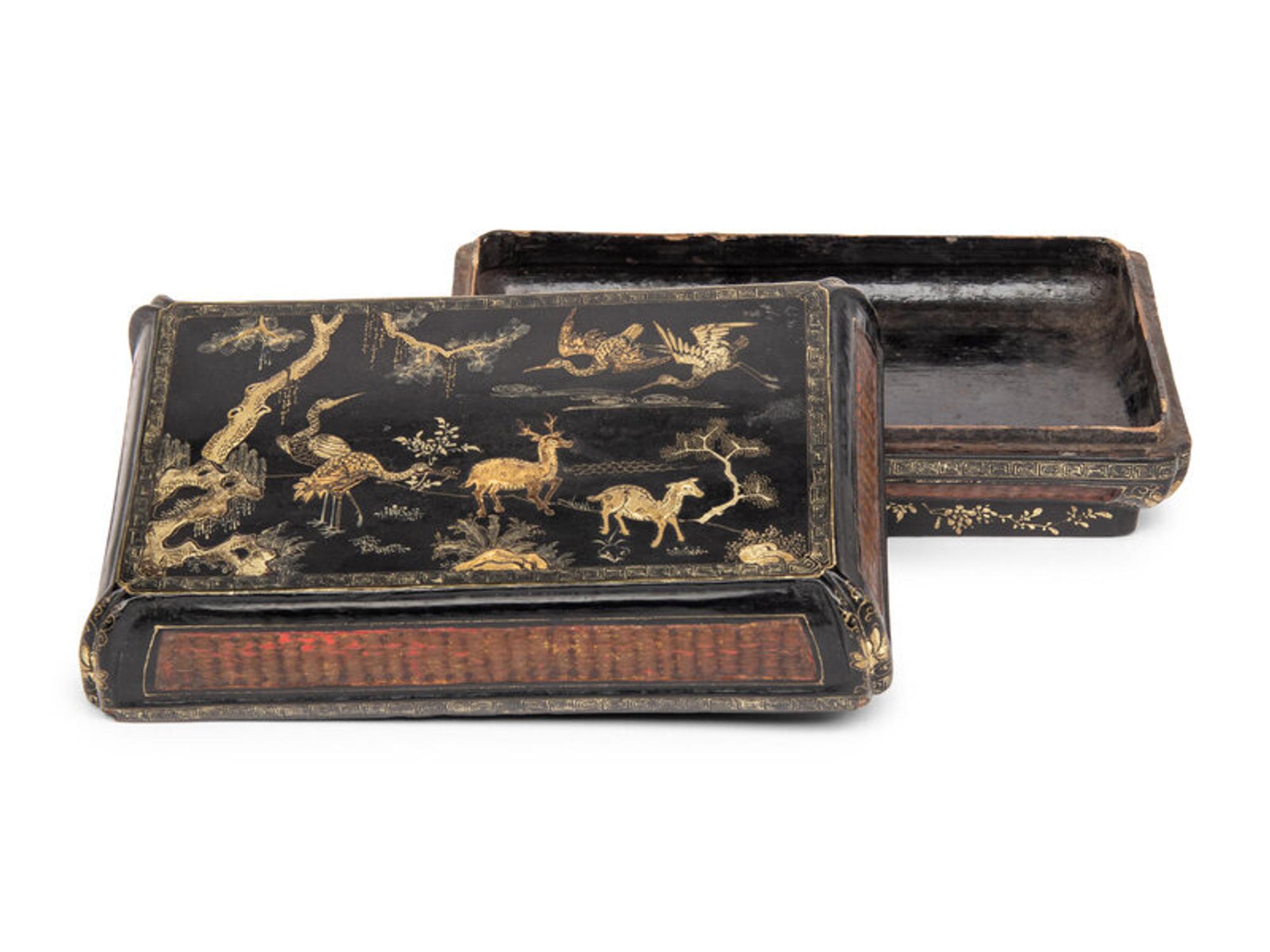 A Chinese Lacquer and Basketwork Box and Cover, Ming to Early Qing Dynasty 明-清初 黑漆描金鹿鶴同春竹編廠方蓋盒