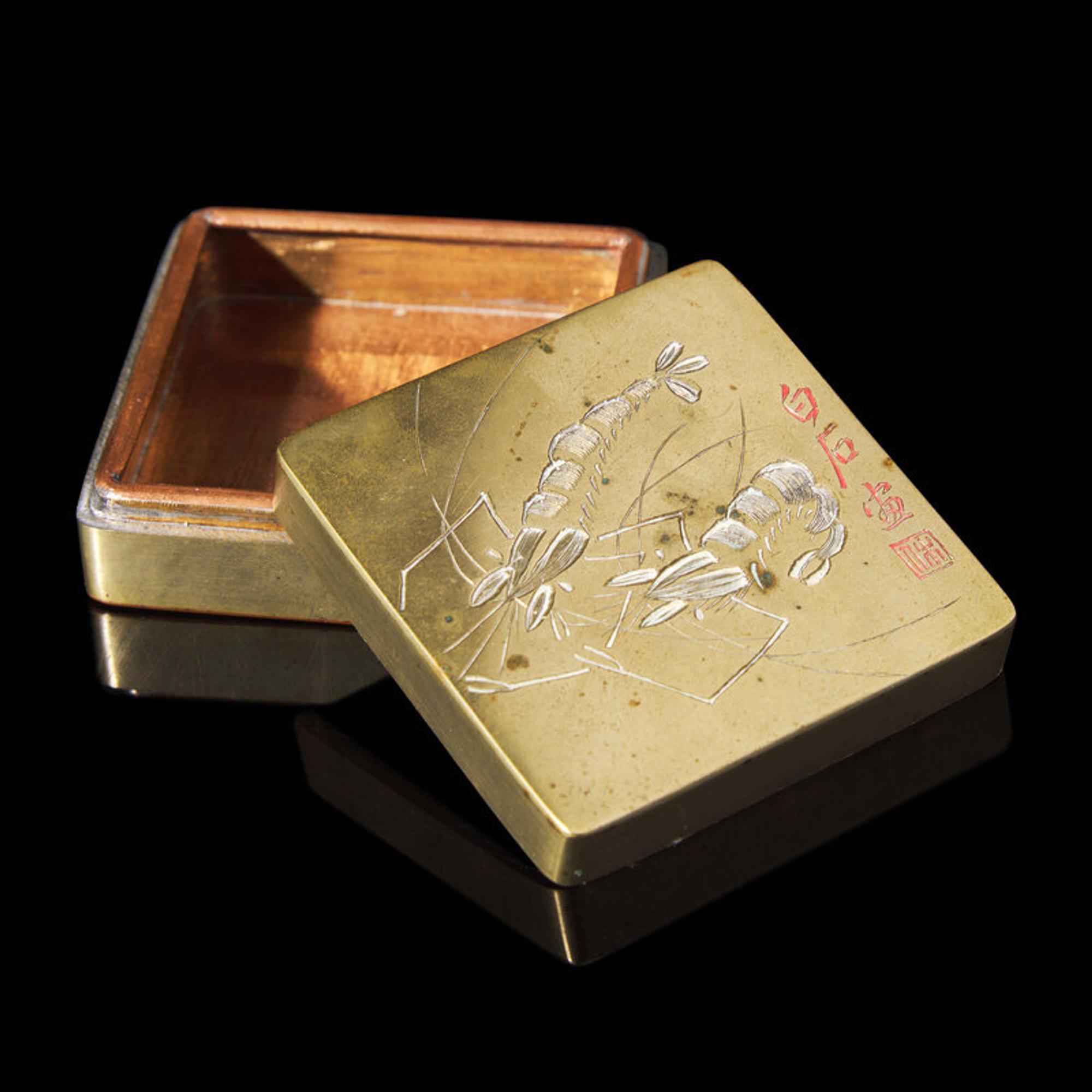 A Set of Qi Baishi 'Shrimp' Motif Scholar's Objects, Early 20th Century 民國 齊白石款蝦趣圖墨盒及紙鎮一套