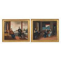 Chinese School, Circa 1820, a Pair of Portraits of a Mandarin at Home 約1820年作 外銷油畫起居圖兩幅