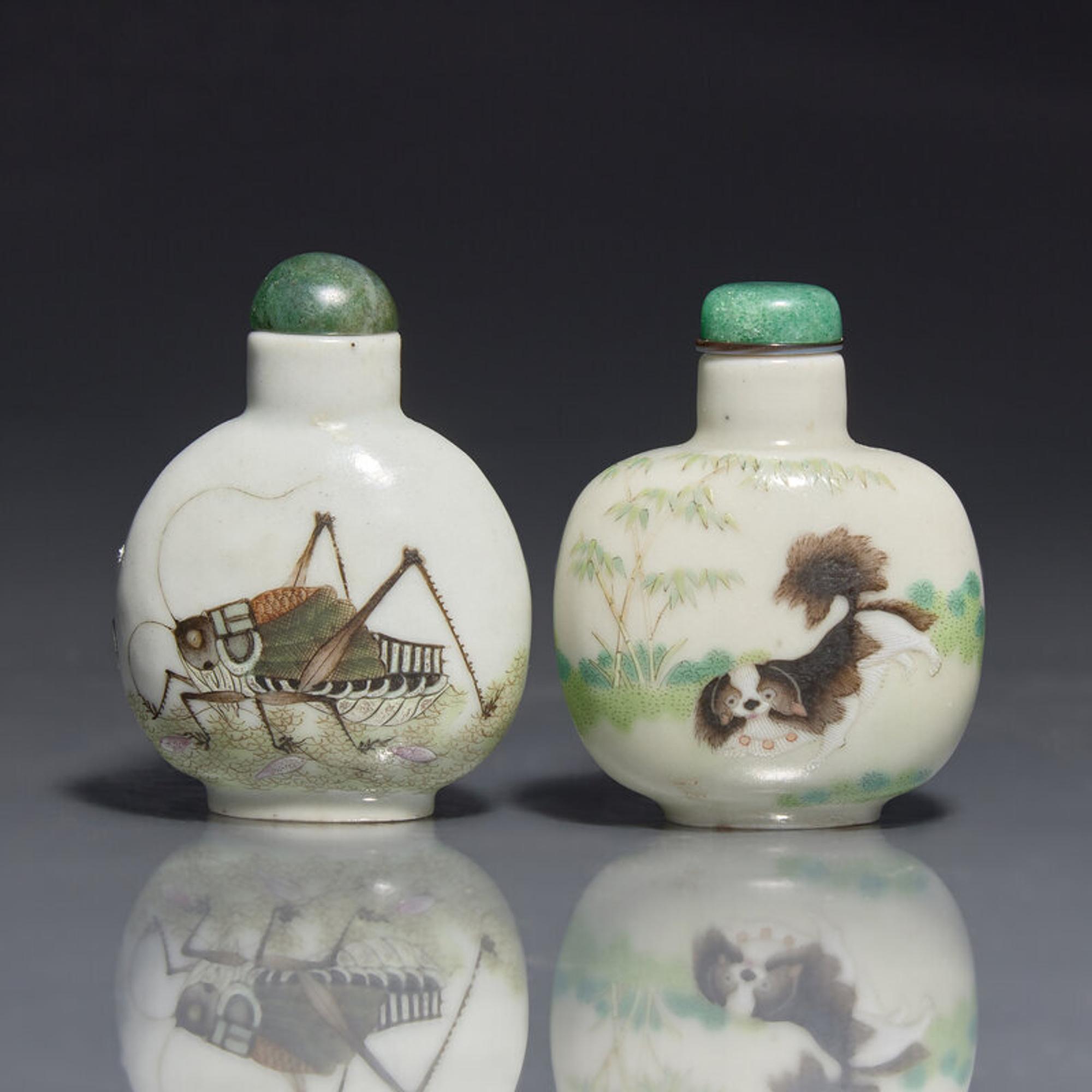 Two Chinese Enameled Porcelain Snuff Bottles, Daoguang Marks and of the Period 清道光 粉彩花鳥草蟲鼻烟壺兩支
