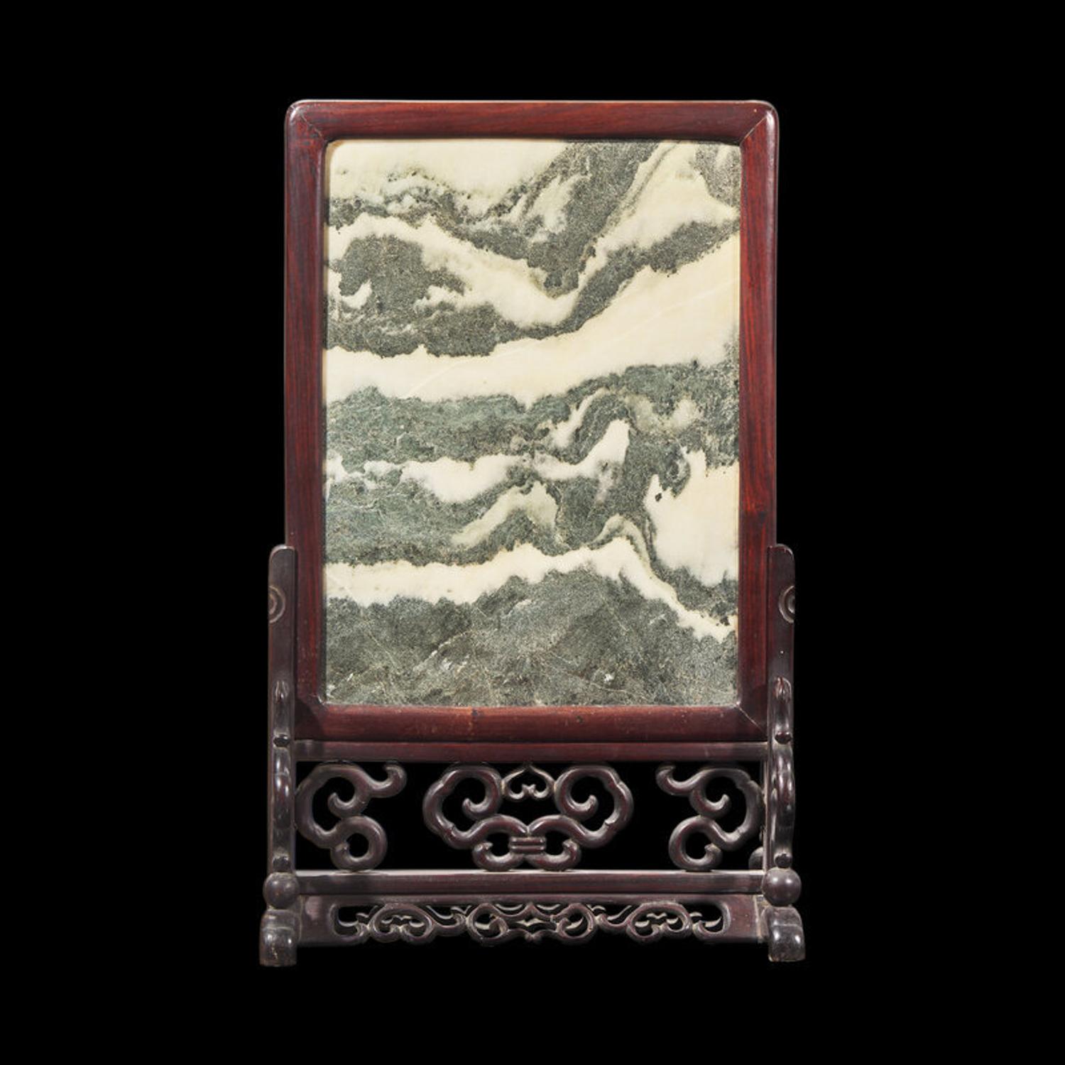 A Chinese "Dali" Marble Inset Carved Hardwood Table Screen, 19th Century or Later 晚清-民國 酸枝木大理石插屏