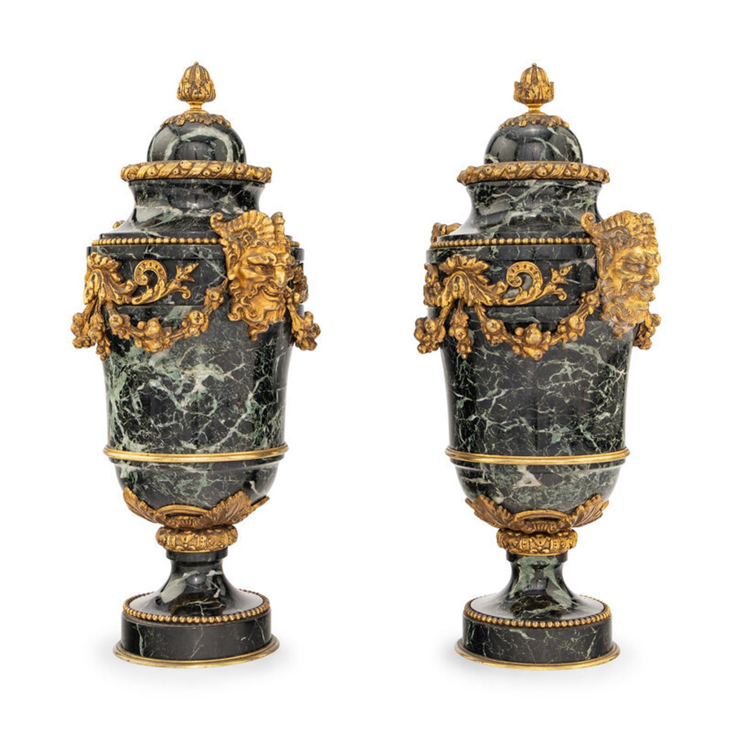 A Pair of French Gilt Bronze Mounted Verde Antico Marble Urns