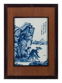 Eight Chinese Blue and White Porcelain Plaque Inset Hanging Panels 青花山水圖掛屏四扇