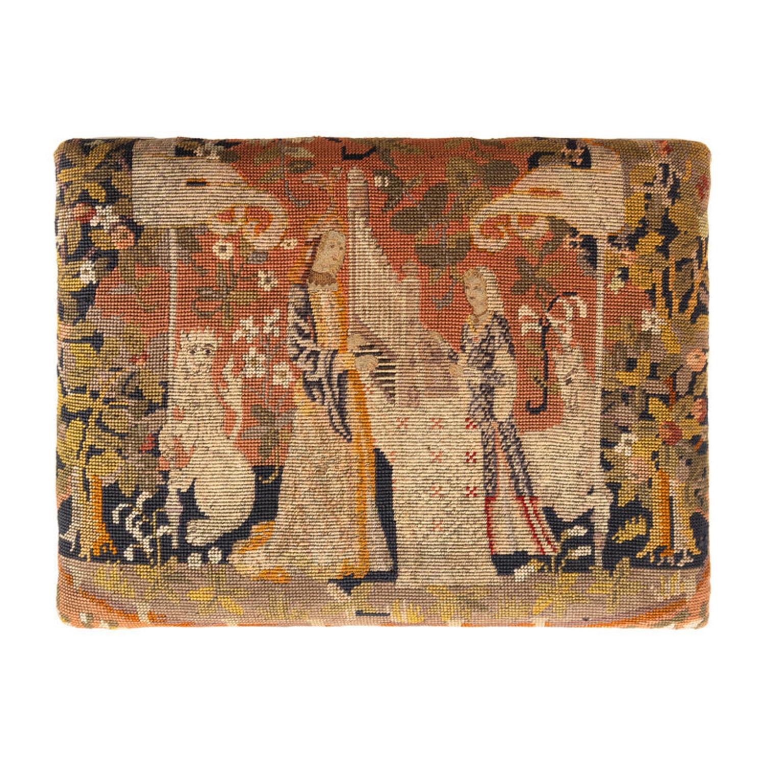 A Pair of George III Style Tapestry-Upholstered Walnut Foot Stools