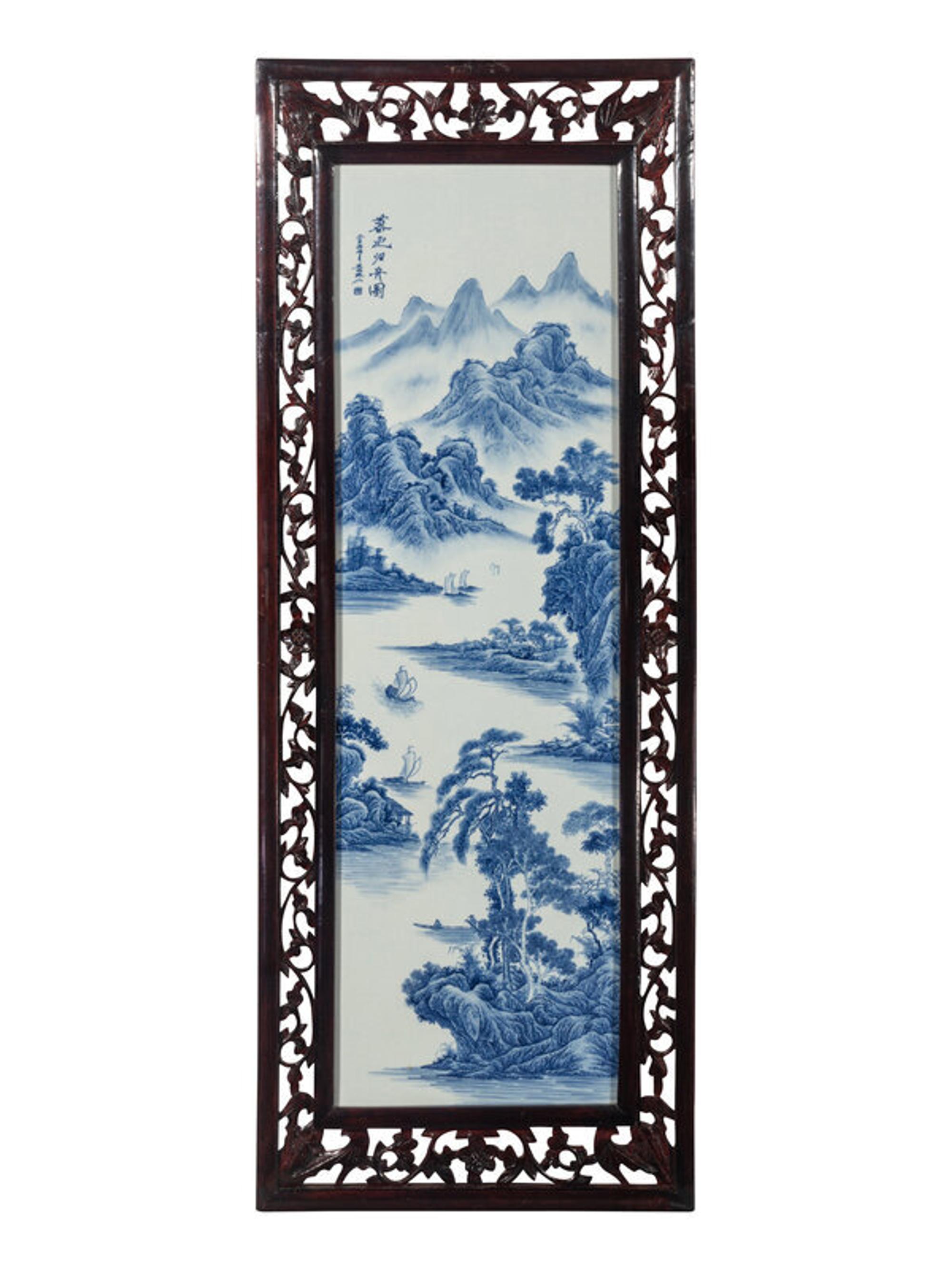 Eight Chinese Blue and White Porcelain Plaque Inset Hanging Panels 青花山水圖掛屏四扇