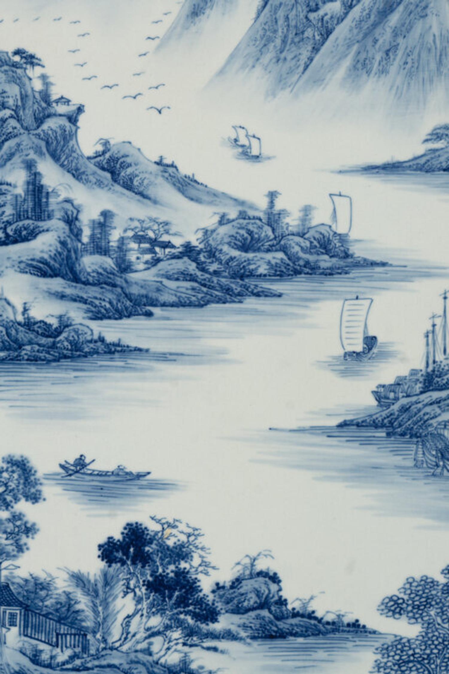 Eight Chinese Blue and White Porcelain Plaque Inset Hanging Panels 青花山水圖掛屏四扇