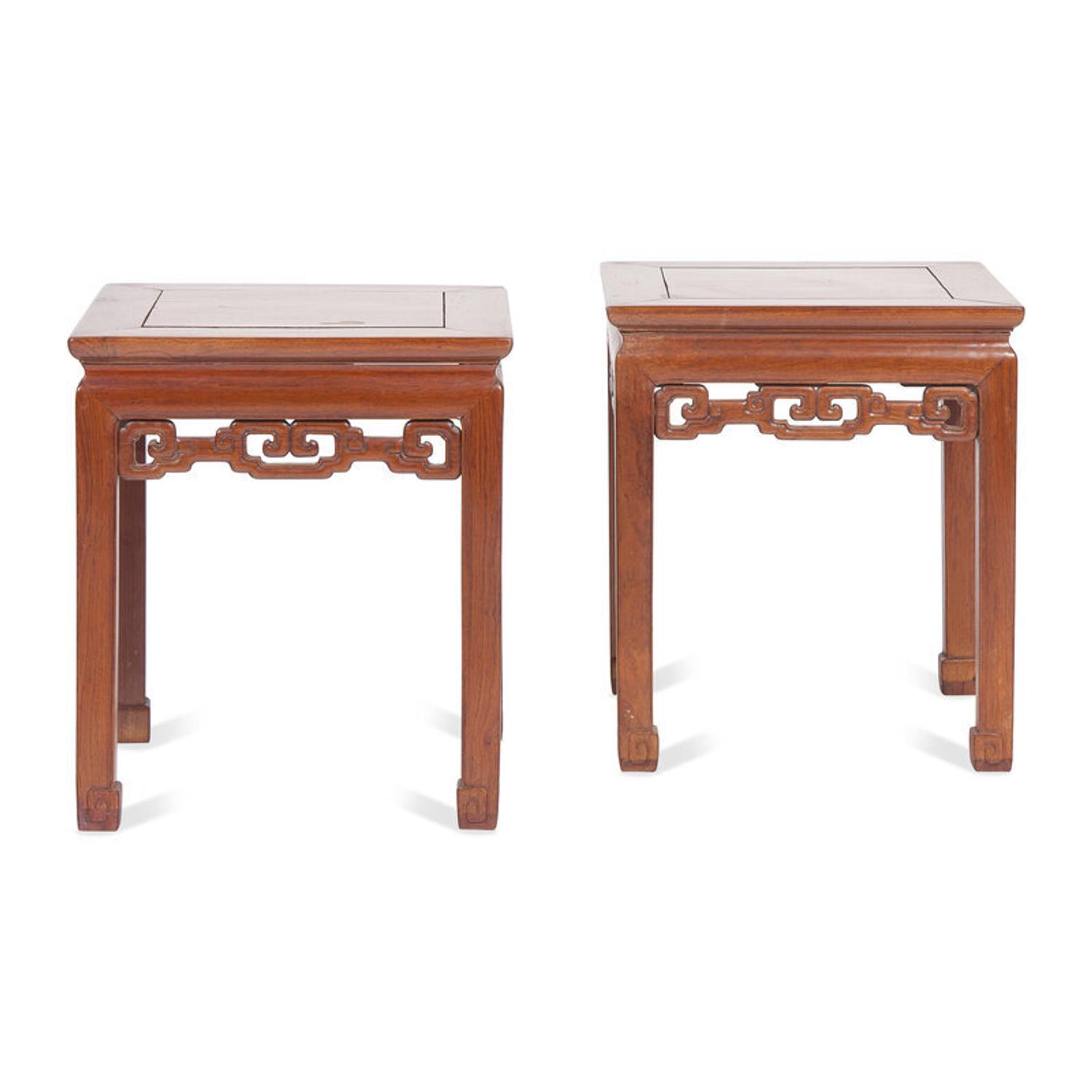 A Pair of Chinese Huanghuali Square Stools, Fangdeng, Qing Dynasty 清 黃花梨有束腰透雕拐子龙纹方凳一對