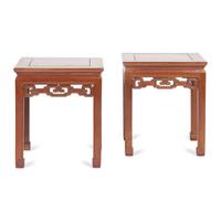 A Pair of Chinese Huanghuali Square Stools, Fangdeng, Qing Dynasty 清 黃花梨有束腰透雕拐子龙纹方凳一對