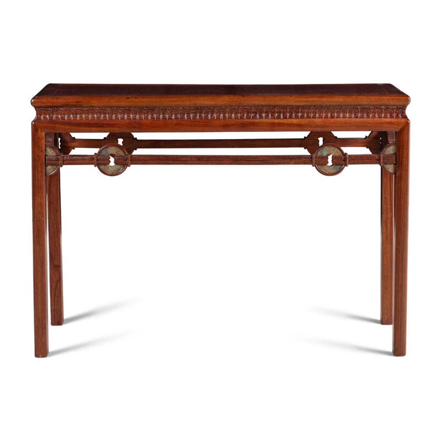 A Chinese Jade Bi Disc Inset Hardwood Altar Table, Tiao'an, 20th Century 近代 硬木嵌玉璧小條案