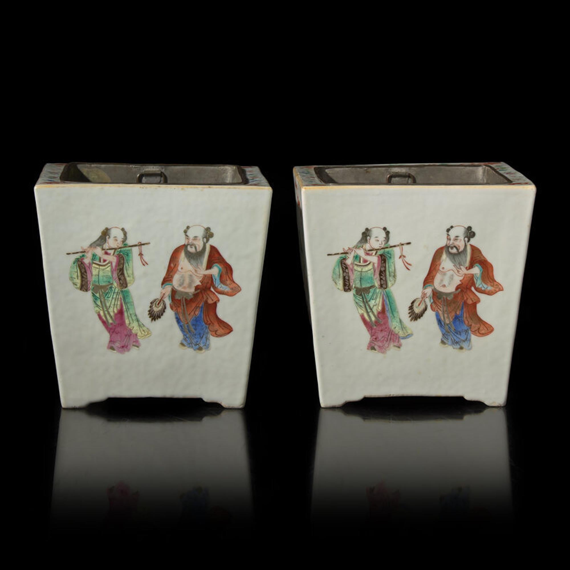 A Pair of Chinese Famille Rose "Immortals" Jardinières, Circa 1850–1860 清中期 粉彩八仙圖花盆一對