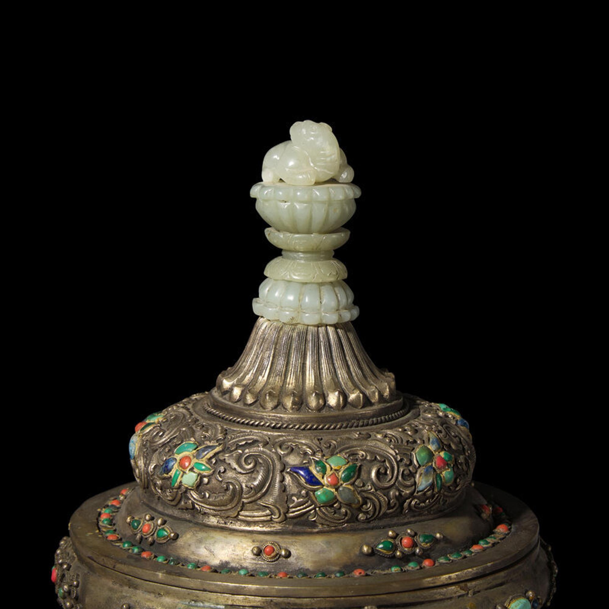 A Mongolian Jade Inset Silver Incense Burner 蒙古式銀 嵌玉 香爐