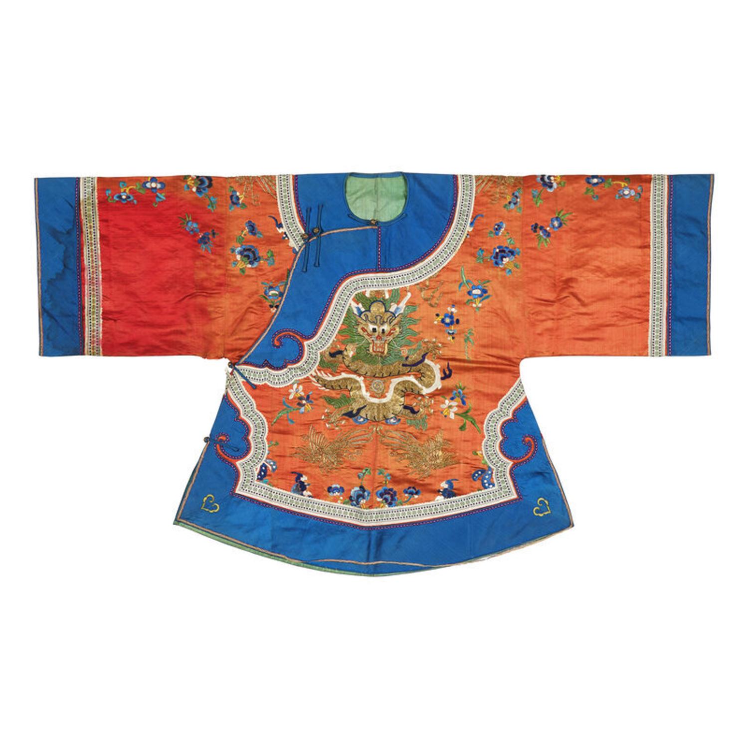 A Chinese Red Ground Silk 'Dragon' Lady's Jacket, Early 20th Century 清晚期 紅地綉龍紋女大襟