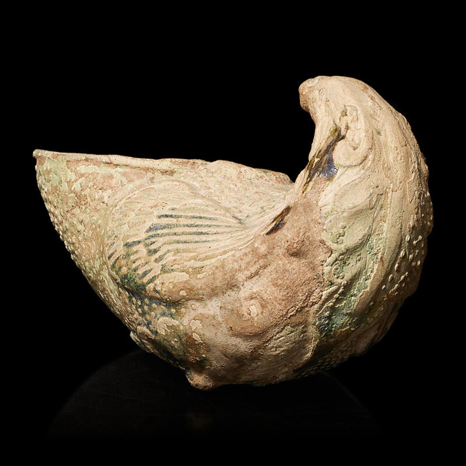 A Chinese Green Glazed Pottery 'Parrot' Rhyton Cup, Tang Dynasty 唐 綠釉鸚鵡杯