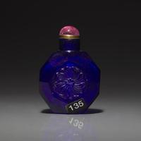 A Chinese Carved Cobalt Blue Glass Snuff Bottle, 18th Century 清中期 寶石藍料刻花鼻烟壺