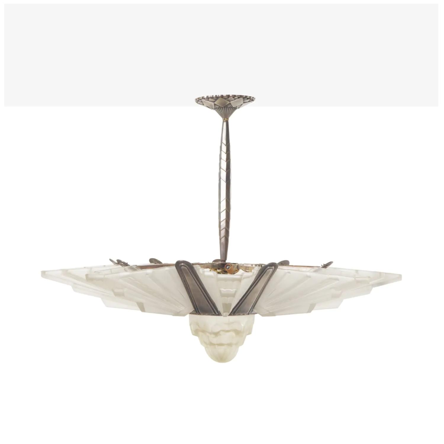 French Art Deco 20th Century Frosted Glass Chandelier