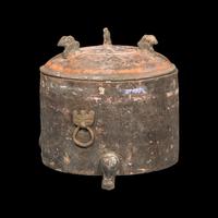 A Chinese Painted Grey Pottery Covered Vessel and Cover, Lian, Han Dynasty 漢 灰陶 彩繪三足 匲