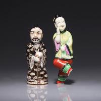 Two Chinese Porcelain Figural Snuff Bottles 粉彩瓷雕人物鼻烟壺兩支