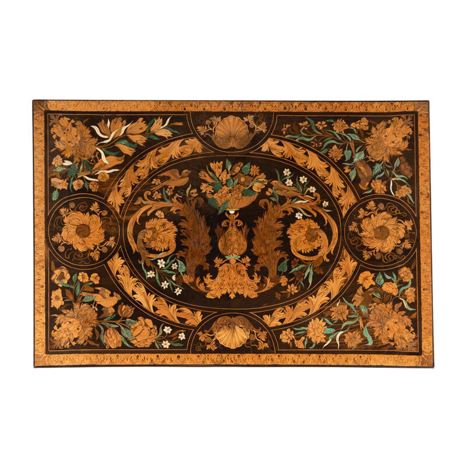 A Part-Ebonized Fruitwood Marquetry Console Table